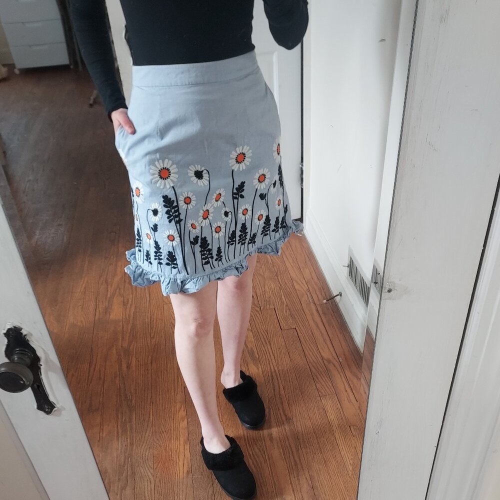 Orla Kiely Blue Floral Embroidered Ruffle Embroidery Chambray Skirt - Picture 2 of 11